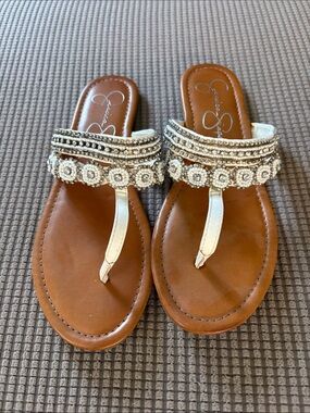 Jessica Simpson Tan Footbed White Beaded T-Strap Sandals